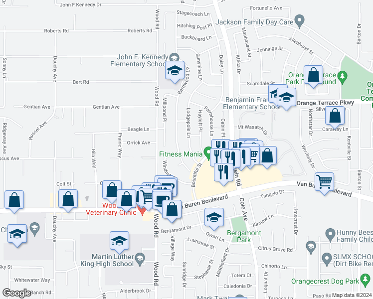 map of restaurants, bars, coffee shops, grocery stores, and more near 8679 Lodgepole Lane in Riverside