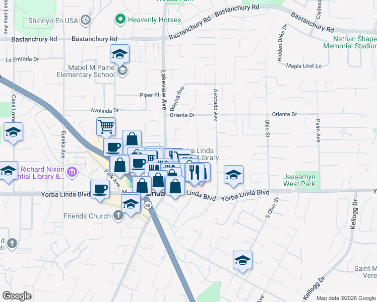 map of restaurants, bars, coffee shops, grocery stores, and more near in Yorba Linda