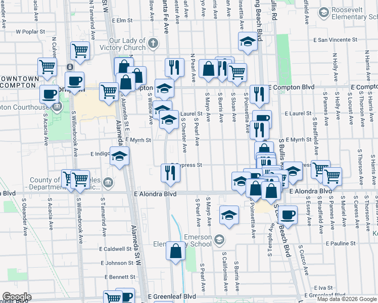 map of restaurants, bars, coffee shops, grocery stores, and more near 613 South Pearl Avenue in Compton
