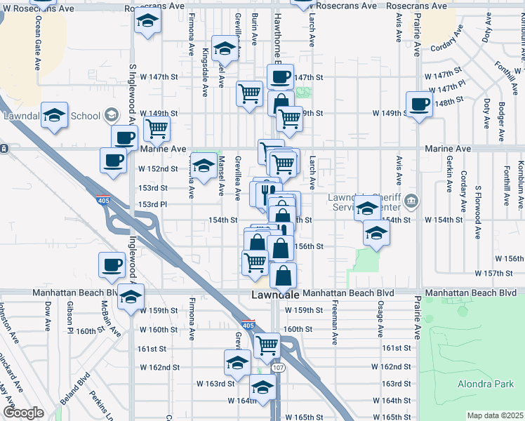 map of restaurants, bars, coffee shops, grocery stores, and more near 15329 Hawthorne Boulevard in Lawndale