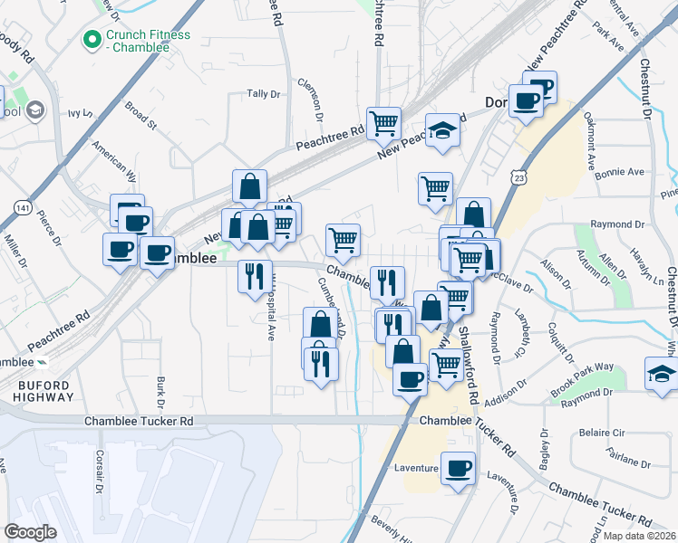 map of restaurants, bars, coffee shops, grocery stores, and more near 3245 Chamblee Dunwoody Road in Atlanta