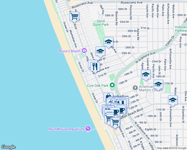 map of restaurants, bars, coffee shops, grocery stores, and more near 2121 Highland Avenue in Manhattan Beach