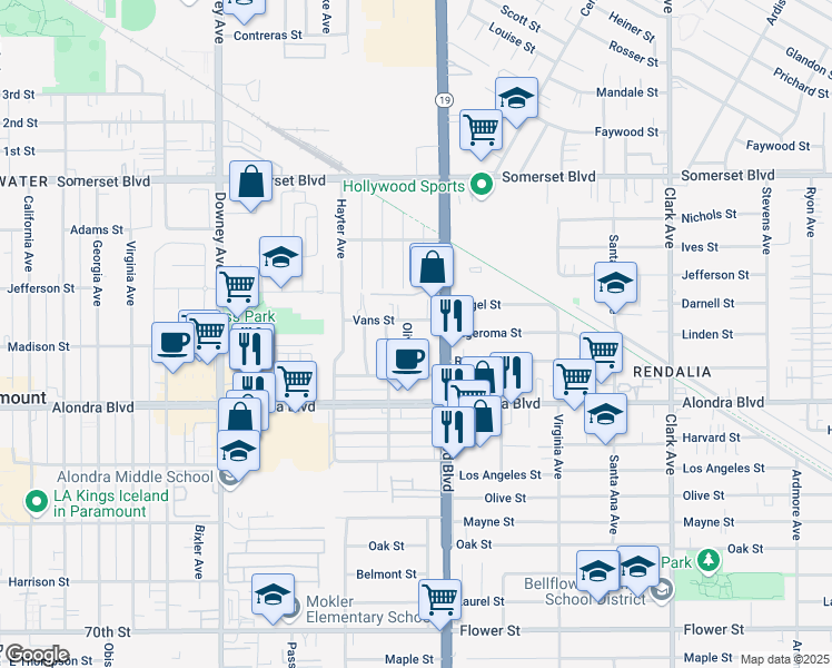 map of restaurants, bars, coffee shops, grocery stores, and more near 15702 Pitts Avenue in Paramount