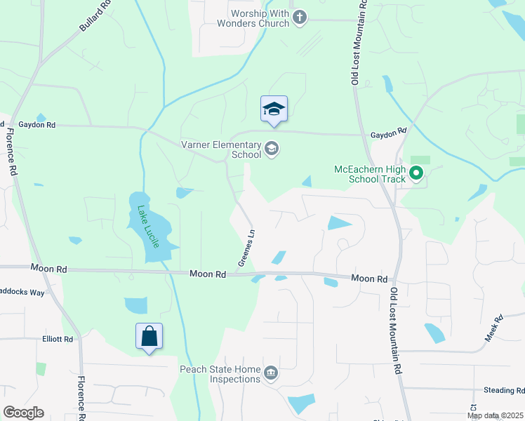 map of restaurants, bars, coffee shops, grocery stores, and more near 2575 Greenes Lane in Powder Springs