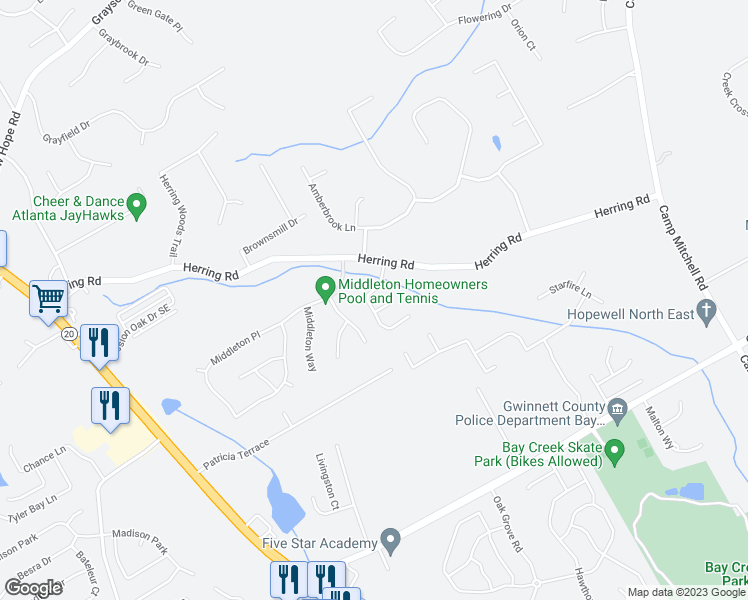 map of restaurants, bars, coffee shops, grocery stores, and more near 2460 Wevok Way Southeast in Grayson