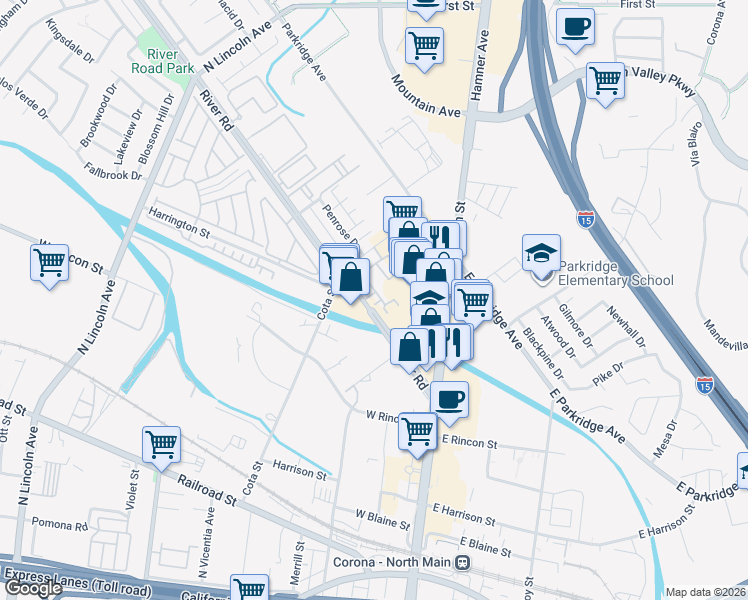 map of restaurants, bars, coffee shops, grocery stores, and more near 316 Clavey Court in Corona