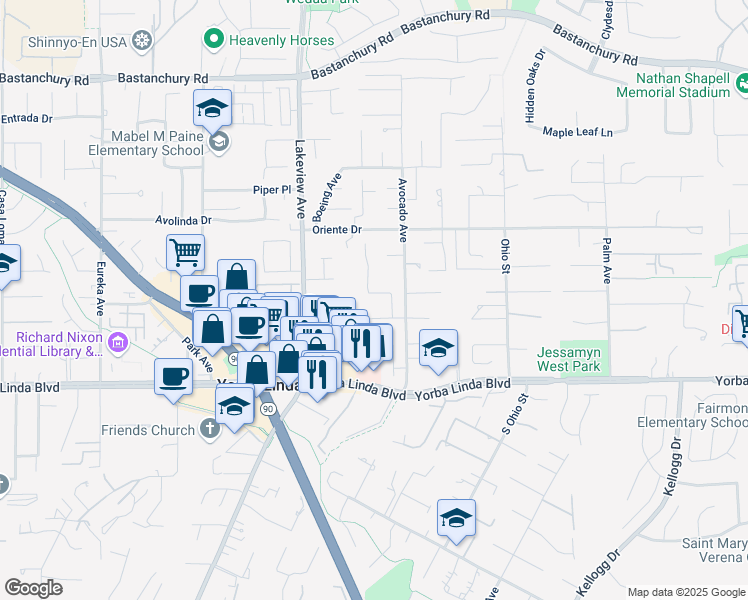 map of restaurants, bars, coffee shops, grocery stores, and more near 18672 Evergreen Avenue in Yorba Linda