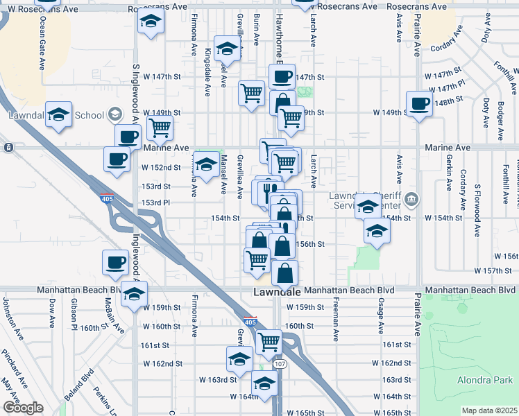 map of restaurants, bars, coffee shops, grocery stores, and more near 15329 Hawthorne Boulevard in Lawndale