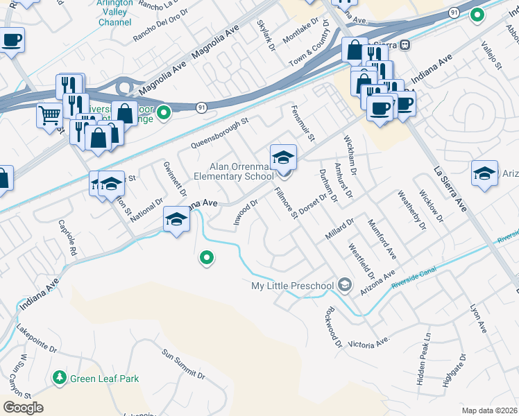 map of restaurants, bars, coffee shops, grocery stores, and more near 3330 Fanwood Court in Riverside