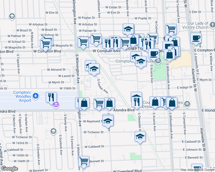 map of restaurants, bars, coffee shops, grocery stores, and more near 636 West Indigo Street in Compton