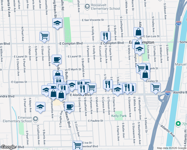map of restaurants, bars, coffee shops, grocery stores, and more near 519 South Holly Avenue in Compton
