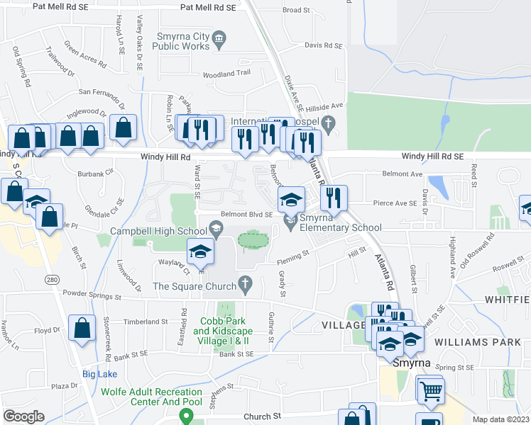 map of restaurants, bars, coffee shops, grocery stores, and more near Belmont Boulevard Southeast in Smyrna