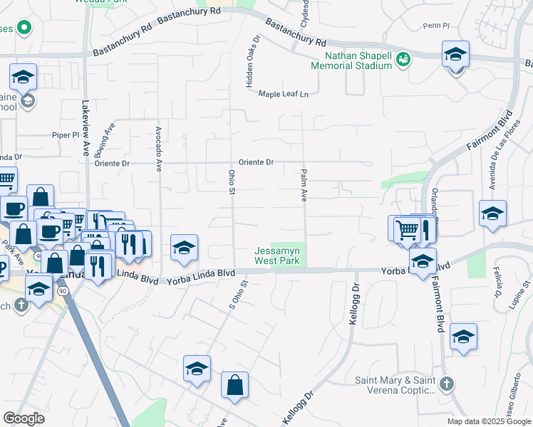 map of restaurants, bars, coffee shops, grocery stores, and more near 19072 Lamplight Lane in Yorba Linda