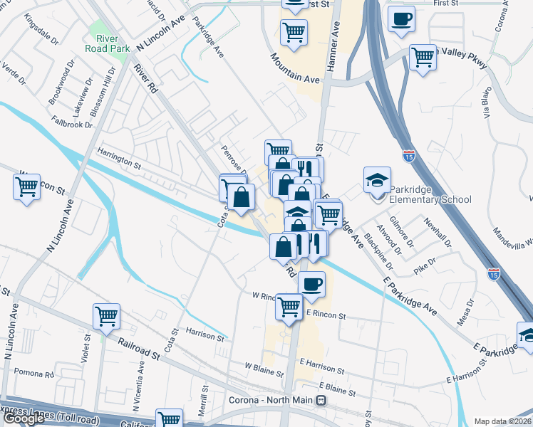 map of restaurants, bars, coffee shops, grocery stores, and more near 858 Calaveras Way in Corona