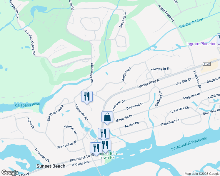 map of restaurants, bars, coffee shops, grocery stores, and more near 214 Kings Trail in Sunset Beach