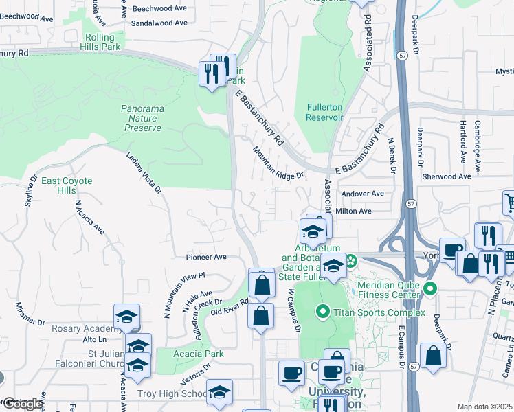 map of restaurants, bars, coffee shops, grocery stores, and more near 2249 Vista Del Sol in Fullerton
