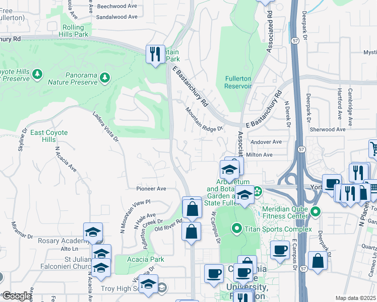 map of restaurants, bars, coffee shops, grocery stores, and more near 2249 Vista Del Sol in Fullerton