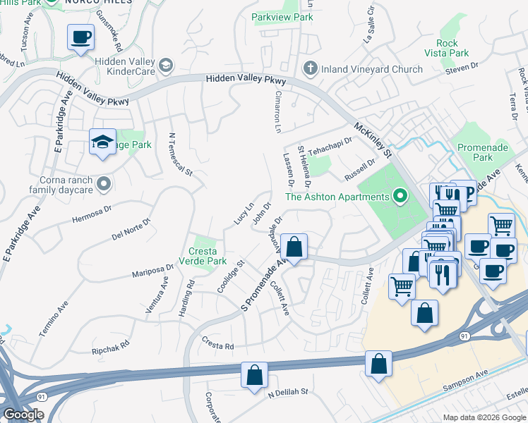 map of restaurants, bars, coffee shops, grocery stores, and more near 693 John Drive in Corona