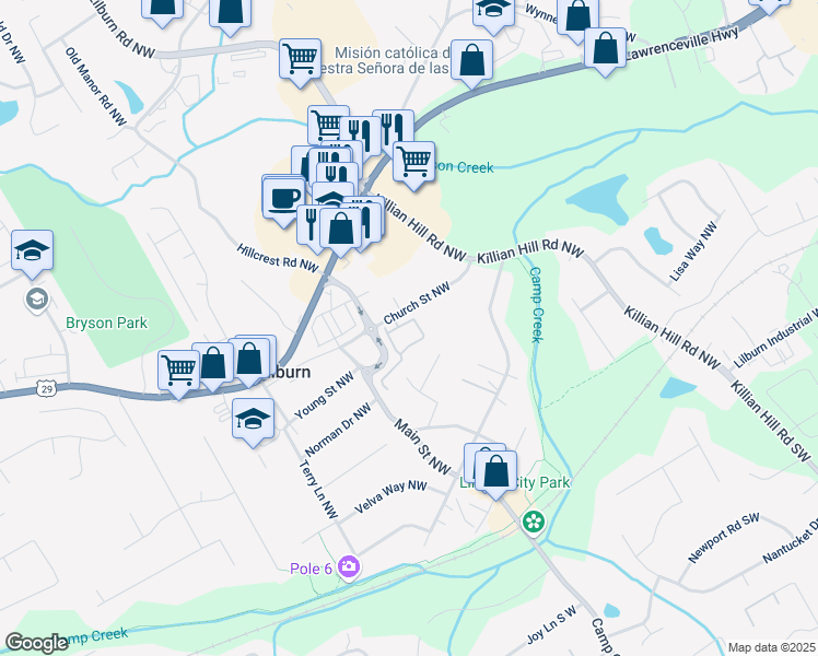 map of restaurants, bars, coffee shops, grocery stores, and more near 4807 Edith Place Northwest in Lilburn