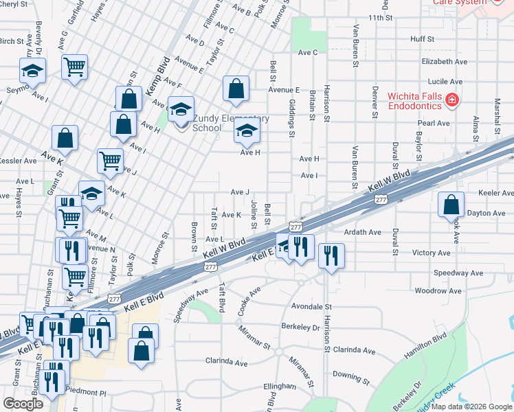 map of restaurants, bars, coffee shops, grocery stores, and more near 2101 Bell Street in Wichita Falls