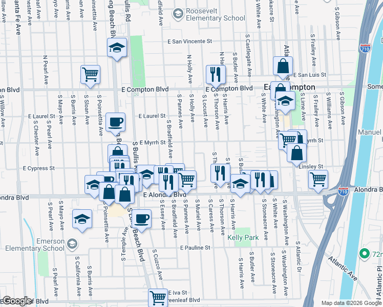 map of restaurants, bars, coffee shops, grocery stores, and more near 519 South Holly Avenue in Compton