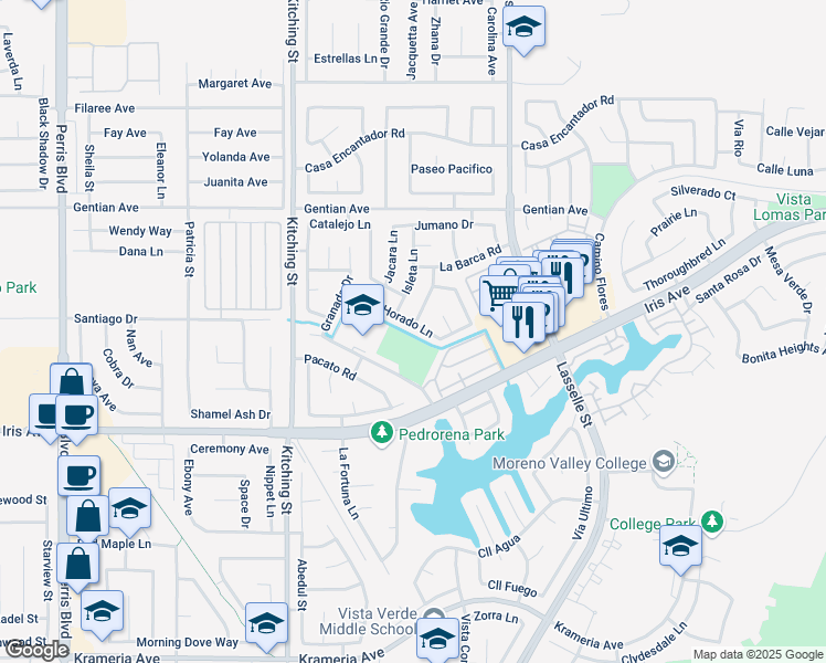 map of restaurants, bars, coffee shops, grocery stores, and more near 25765 Horado Lane in Moreno Valley
