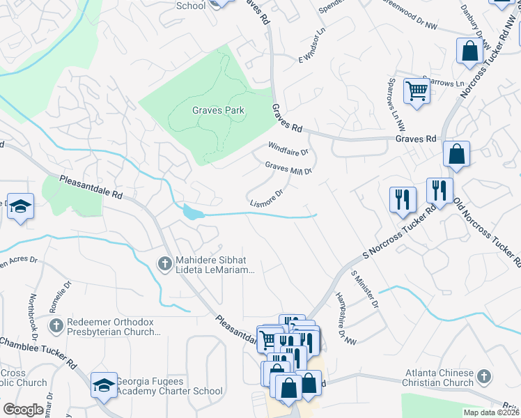 map of restaurants, bars, coffee shops, grocery stores, and more near 6831 Lismore Drive in Norcross