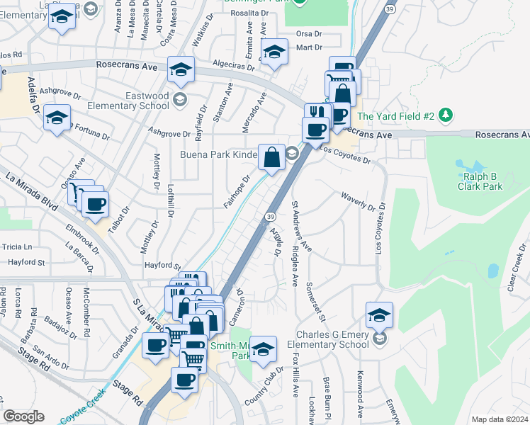 map of restaurants, bars, coffee shops, grocery stores, and more near 4660 Minorca Way in Buena Park