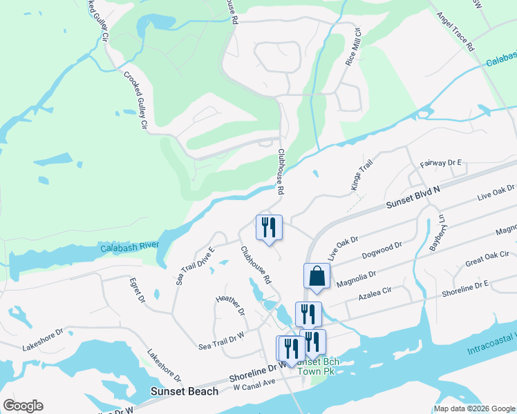 map of restaurants, bars, coffee shops, grocery stores, and more near 200 Royal Poste Road in Sunset Beach