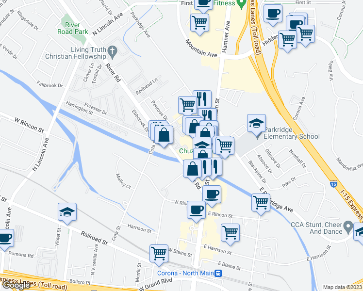 map of restaurants, bars, coffee shops, grocery stores, and more near 858 Calaveras Way in Corona