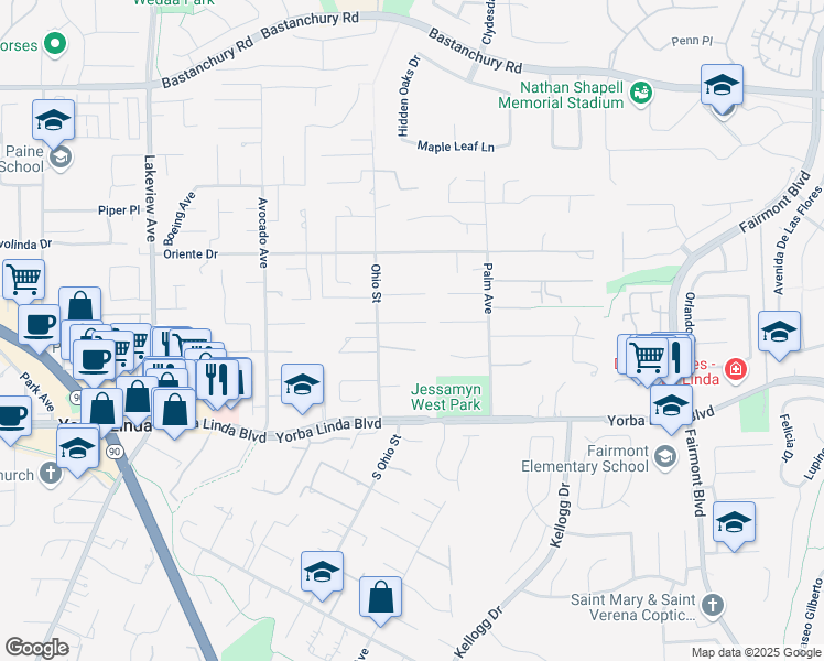 map of restaurants, bars, coffee shops, grocery stores, and more near 19040 Lynn Lane in Yorba Linda