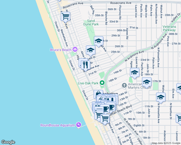 map of restaurants, bars, coffee shops, grocery stores, and more near 2121 Highland Avenue in Manhattan Beach