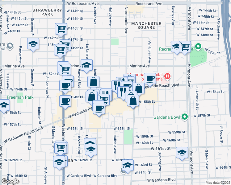 map of restaurants, bars, coffee shops, grocery stores, and more near 1455 West Redondo Beach Boulevard in Gardena