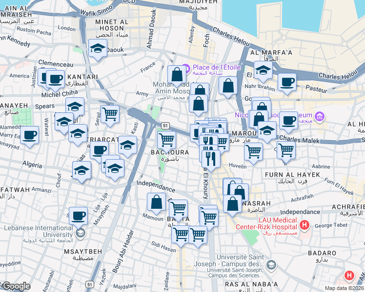 map of restaurants, bars, coffee shops, grocery stores, and more near Khandak El Ghamik in Beirut
