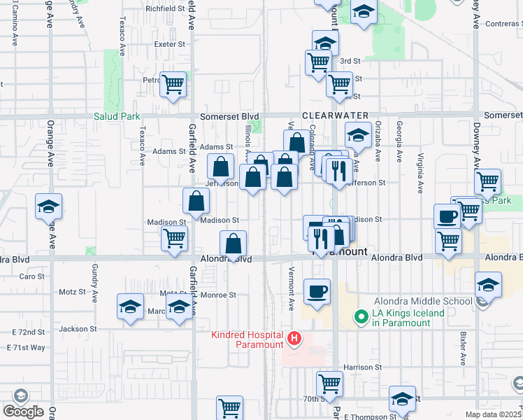 map of restaurants, bars, coffee shops, grocery stores, and more near 15538 Rosales Alley in Paramount