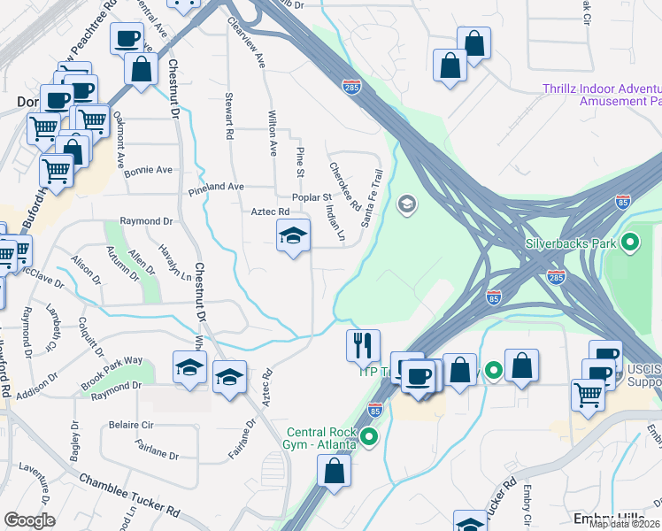 map of restaurants, bars, coffee shops, grocery stores, and more near 3442 Arbor Creek Point in Atlanta