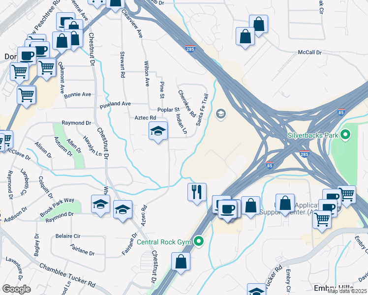 map of restaurants, bars, coffee shops, grocery stores, and more near 2918 Arbor Creek Lane in Atlanta