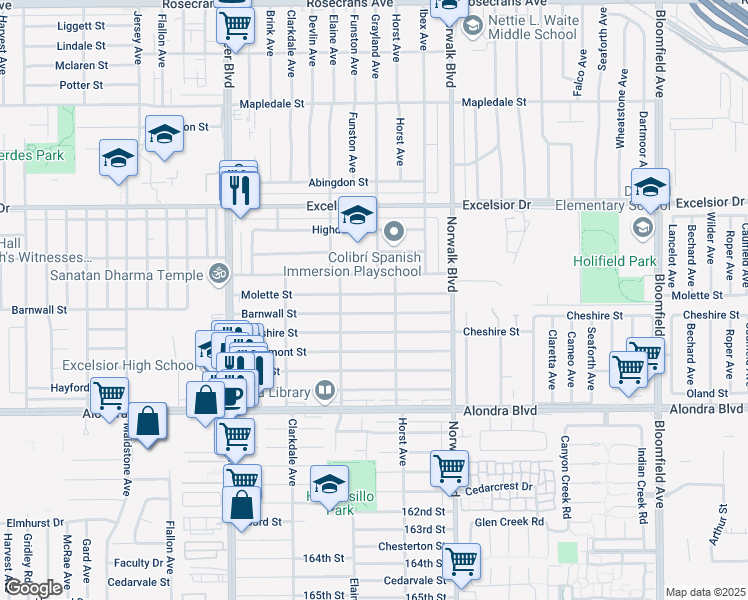 map of restaurants, bars, coffee shops, grocery stores, and more near 12040 Molette Street in Norwalk