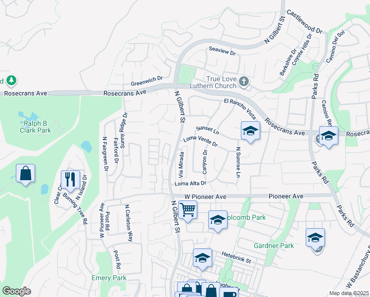 map of restaurants, bars, coffee shops, grocery stores, and more near 1740 Vía Mirada in Fullerton