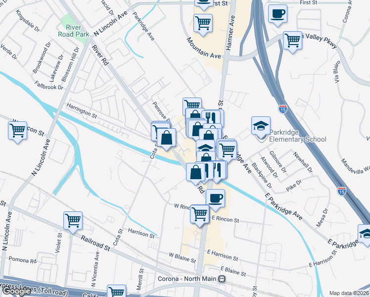map of restaurants, bars, coffee shops, grocery stores, and more near 864 Calaveras Way in Corona