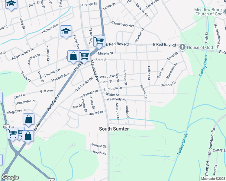 map of restaurants, bars, coffee shops, grocery stores, and more near 11 Weatherly Road in Sumter