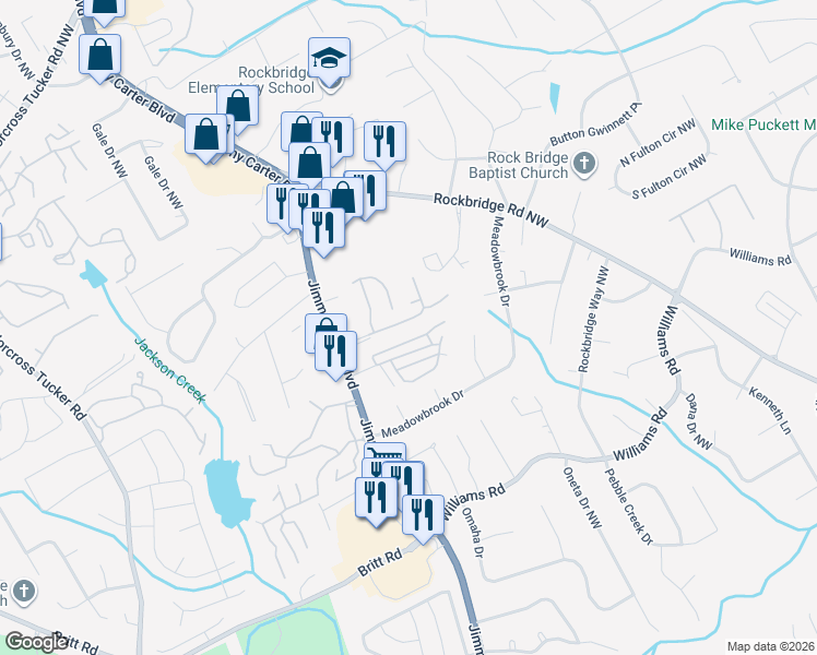 map of restaurants, bars, coffee shops, grocery stores, and more near 6102 Queen Anne Court in Norcross