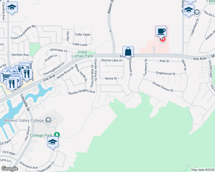 map of restaurants, bars, coffee shops, grocery stores, and more near 26914 Cimarron Canyon Drive in Moreno Valley