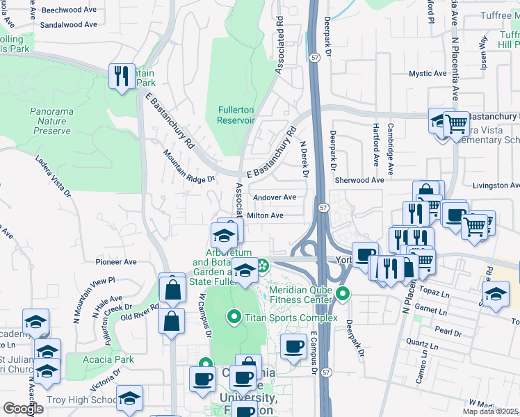 map of restaurants, bars, coffee shops, grocery stores, and more near 2606 Milton Avenue in Fullerton