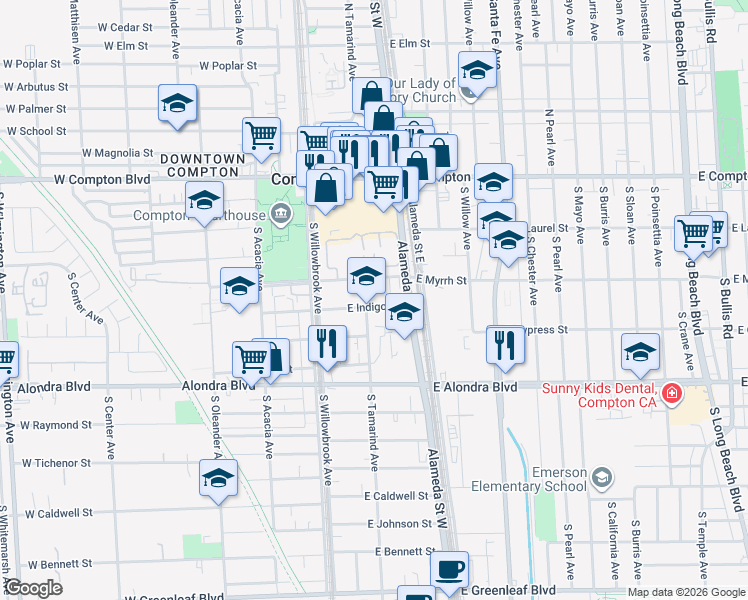 map of restaurants, bars, coffee shops, grocery stores, and more near 209 East Indigo Street in Compton