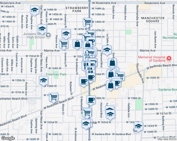 map of restaurants, bars, coffee shops, grocery stores, and more near 15435 South Western Avenue in Gardena