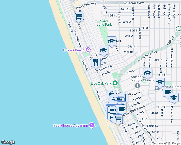 map of restaurants, bars, coffee shops, grocery stores, and more near 124 21st Place in Manhattan Beach