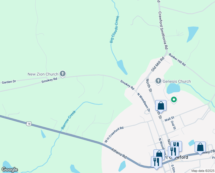 map of restaurants, bars, coffee shops, grocery stores, and more near 15 Smokey Trail in Crawford