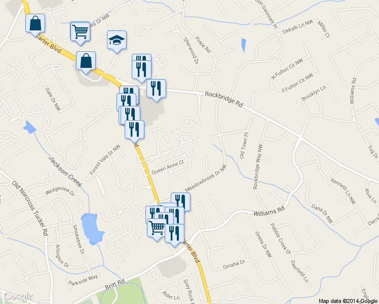 map of restaurants, bars, coffee shops, grocery stores, and more near 6102 Queen Anne Court in Norcross