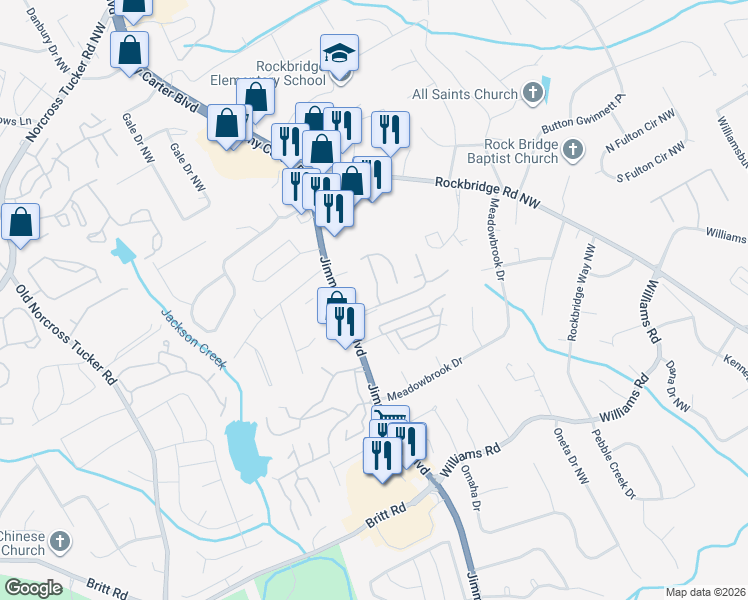 map of restaurants, bars, coffee shops, grocery stores, and more near 6144 WinterGreen Road Northwest in Norcross